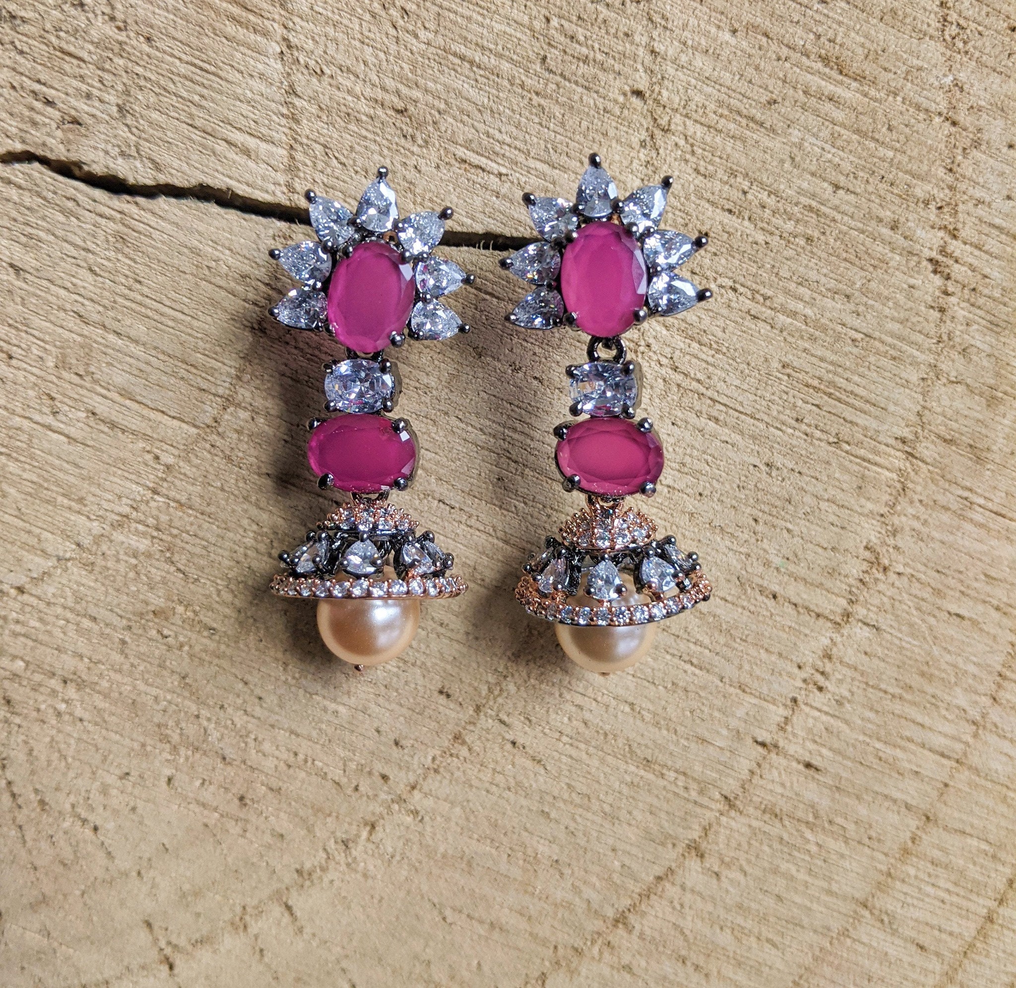 Ruby Cz Jhumkas/ Cubic Zirconia Rosegold Jhumkas/ Small Jhumkas/ Black Rhodium finish Jhumkas/ Indian jewelry/ Pearl Jhumkas/Ruby Jhumkas