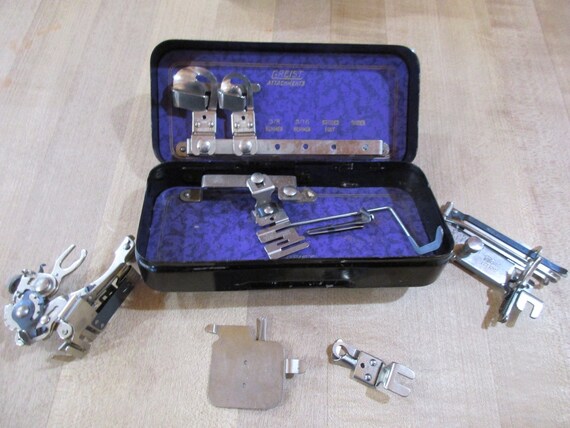 Vintage Greist Sewing Machine Parts in Metal Case marked Rotary  for treadle peddle sewing machines