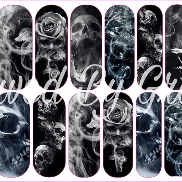 Skulls and Smoke | Full Wraps | Nail Decals | Water Decals | Waterslide Nail Decals | Gothic Nails | Black | Nail Art | Skull Nails | Decals