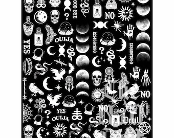 White, Gothic, Ouija, Halloween, Nail Decals, Water Decals, Witchy, Nail Art, Moons, Skulls, Gothic Nails, White Decals, Snakes, Witch, Bats