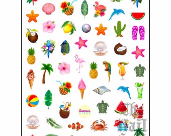 Summer Nail Stickers, Nail Art, Tropical Nails, Holiday Nails, Vacation, Beach, Nail Decal Stickers, Seashells, Cocktails, Fruits, Floral