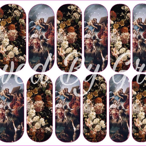 Old Painting and Flowers, Waterslide Nail Wraps, Nail Decals, Decals, Water Decals, Nail Art, Renaissance, Floral, Nail Wraps,Press On Nails