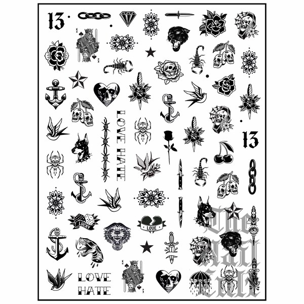 Traditional Tattoo, Nail Decals, Nail Art Decals, Waterslide Decals, Water Decals, Tattoo Nails, Gothic, Tattoo Nail Decals, Skulls, Black