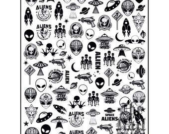 Alien, Space, Nail Decals, Decals, Water Decals, UFO, Nail Art, Waterslide, Nail Transfers, Alien Nails, ET, Nail Tattoos, Spacey, Planets