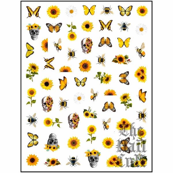Sunflowers, Bees, Butterflies Nail Decals, Water Decals, Waterslide Nail Decals, Skulls, Daisies, Summer Nail Art, Floral Nails, Gothic