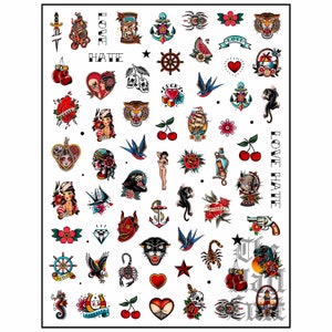 Traditional Tattoo Nail Stickers, Nail Art, Sailor Tattoo Stickers, Old School Tattoo Nail Stickers, Nail Decals, Alternative, Gothic, Punk