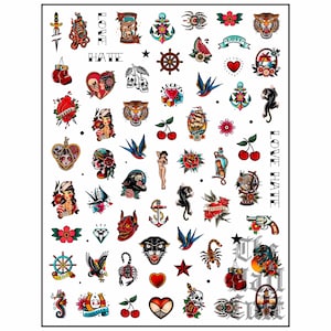 Traditional Tattoo Nail Stickers, Nail Art, Sailor Tattoo Stickers, Old School Tattoo Nail Stickers, Nail Decals, Alternative, Gothic, Punk