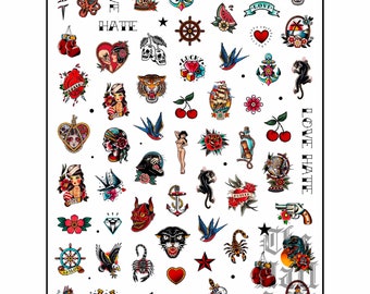 Traditional Tattoo Nail Stickers, Nail Art, Sailor Tattoo Stickers, Old School Tattoo Nail Stickers, Nail Decals, Alternative, Gothic, Punk