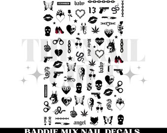 Baddie Mix, Nail Decals, Water Decals, Gothic, Nail Art, Waterslide, Gothic Nails, Nail Decal, Nail Sticker, Flames, Hearts, Baddie Nails