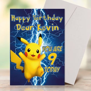 Cartão de aniversário Pikachu para QUALQUER IDADE - Cartão de aniversário personalizado.