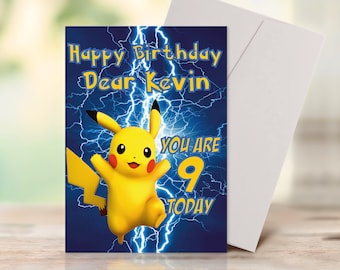 ANY AGE Pikachu Birthday Card - Personalised birthday card  .