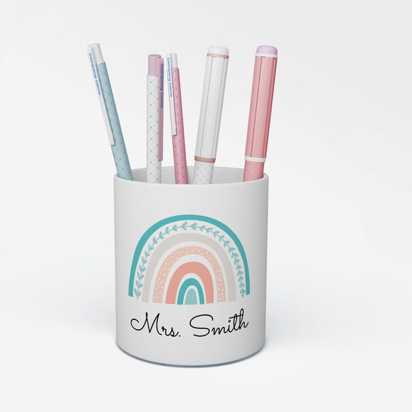 Personalised Teacher Pen Pot, Custom Teacher Pencil Pot, Desk Organiser, Rainbow Desk Tidy, Teacher Thank You Gift, TA Assistant Present,