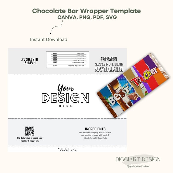 Chocolate bar wrapper template, Blank Editable Canva Template.  110grs chocolate bar