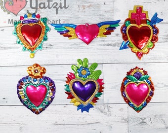 BIG Beautiful Mexican tin sacred heart with wings wall ornament hanging 36/"