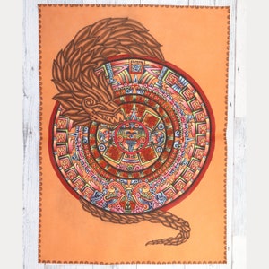 Aztec Calendar Wall Art - Hand Painted - Made in Mexico - Vintage Suede/Leather