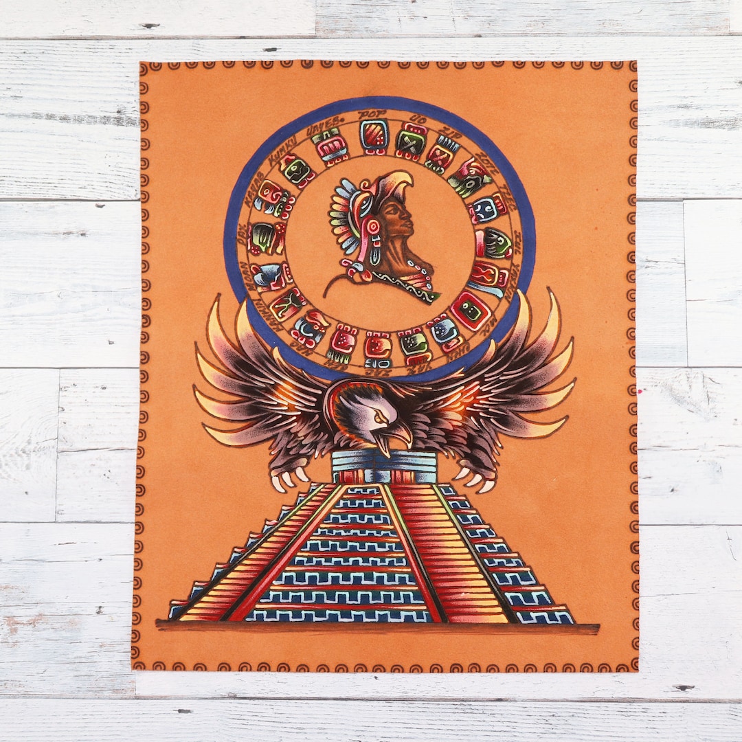 Mayan Calendar Wall Art Hand Painted Made in Mexico Vintage Suede