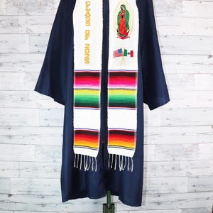 Class of 2025 Sarape graduation sash school stole wraps Mexican Stole White Gold embroidery Virgen de Guadalupe
