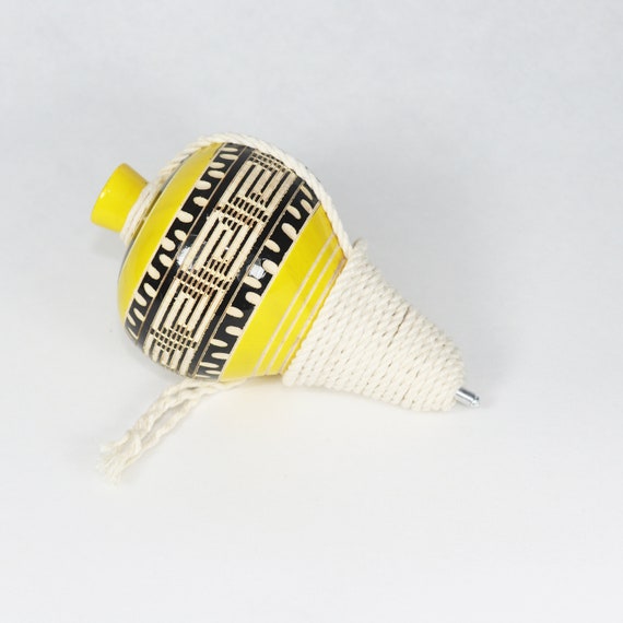 Decorated Wooden Spinning Top Toy Trompo de Madera Decorado Made in Mexico Yellow