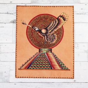 Aztec Calendar Wall Art - Hand Painted - Made in Mexico - Vintage Suede/Leather
