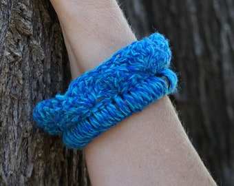 Mottled Blue Crochet Cuff Bracelet Bangle