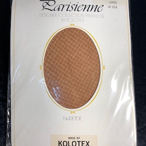 May include: A packet of brown tights with a diamond pattern. The packet is labelled "Parisienne Designer Collection Pantyhose by Kolotex" and "Java Brown, Large, 40 Den."