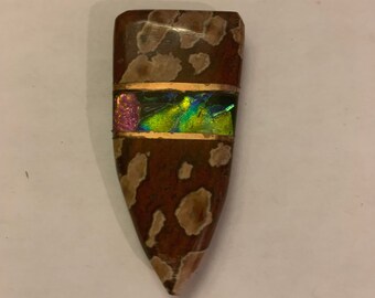 Red Orbicular Jasper, Copper & Dichroic Glass Intarsia cabochon