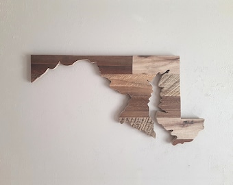 Wooden Maryland State Sign Wall Art Decor, Large Home State Cutout, Personalized Housewarming Gift Handmade With Reclaimed Pallet Wood
