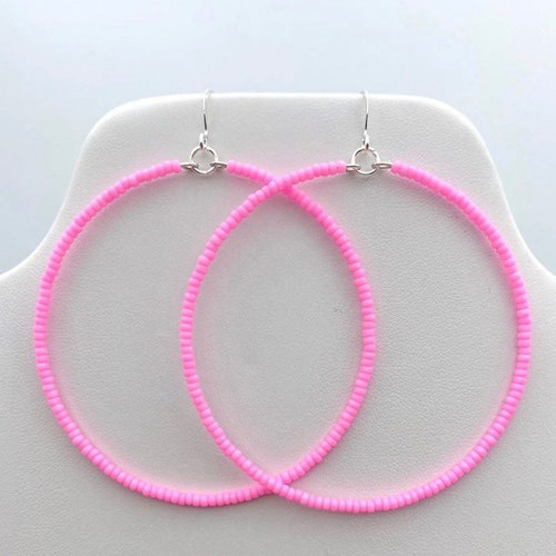 Neon Pink Hoop Earrings Chic Beaded Hoop Earrings Modern Etsy