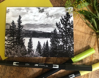 Mountain notecards with envelopes, Black and White, Chartreuse, Landscape Blank notecards, Set of 8, Nature lover notecards, Traveler gift
