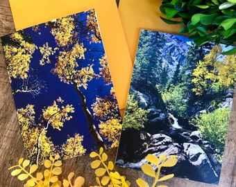 Fall aspen notecards with envelopes, Autumn mountains, Aspens, Mountains, Waterfalls, Blank notecards, Set of 8, Traveler gift, Hiker gift