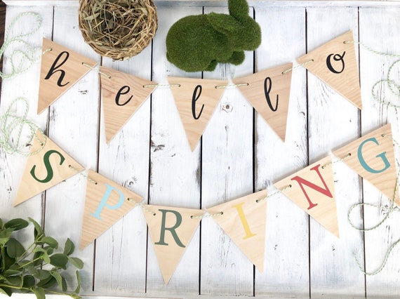 Hello Spring Wood Banner Wood Bunting Banner Pennant Banner Etsy