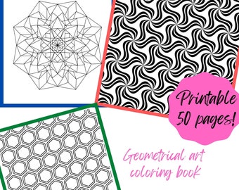 Geometric art coloring book 50 pages PDF instant download coloring pages