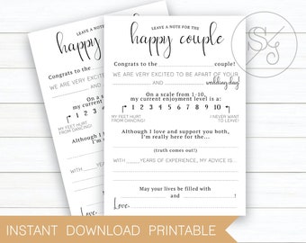 May include: Two printable cards with the text "happy couple" and instructions for guests to leave a note for the happy couple. The cards include prompts for guests to write about their enjoyment level of the wedding, their advice for the couple, and their well wishes.