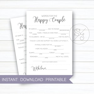 Worte für das glückliche Paar, Weisheit und Wünsche für Paar, Hochzeit Mad Libs, Sofort Download Ausdrucke, Design #W155