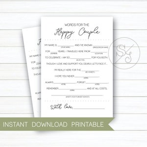Bruiloft gastkaarten, Mad Libs kaarten, huwelijksadvies, notities voor de pasgetrouwden, Instant Download afdrukbaar, ontwerp #W160