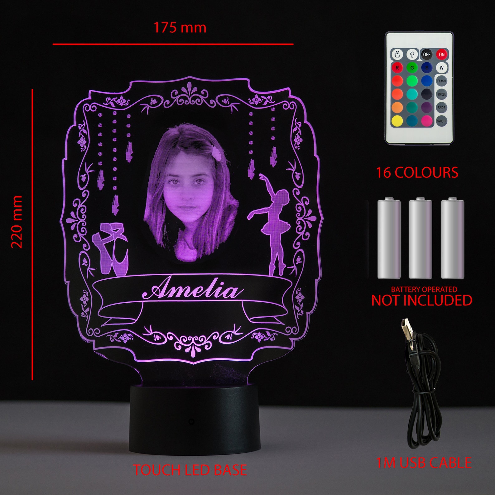 ballerina gift for her personalised with photo name night light 16 colours ballet shoes dance silhouette