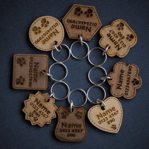 Wooden Dog Tag | Cat Tag | Personalised Pet ID | Engraved with Name and Phone Number | 6 Solid Wood Types | 8 Shapes | 3 Sizes | Thick 5mm