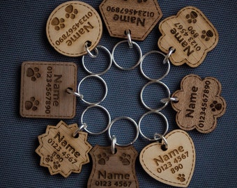 Wooden Dog Tag | Cat Tag | Personalised Pet ID | Engraved with Name and Phone Number | 6 Solid Wood Types | 8 Shapes | 3 Sizes | Thick 5mm