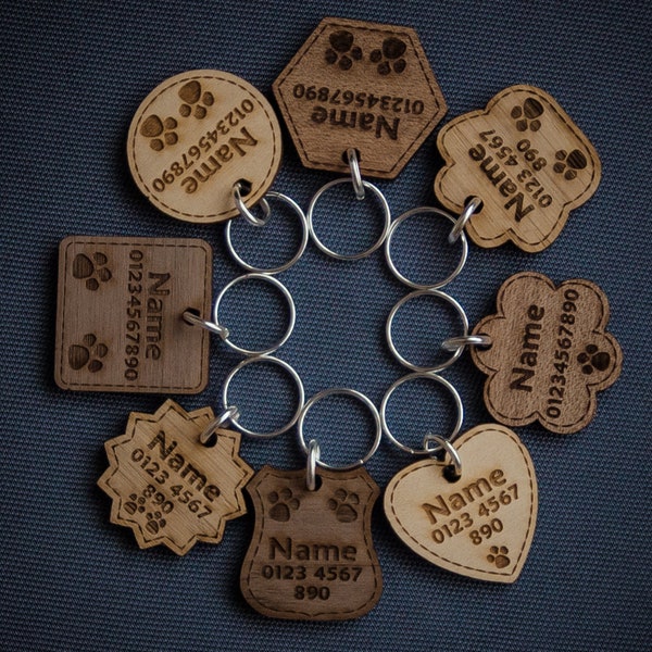 Wooden Dog Tag | Cat Tag | Personalised Pet ID | Engraved with Name and Phone Number | 6 Solid Wood Types | 8 Shapes | 3 Sizes | Thick 5mm