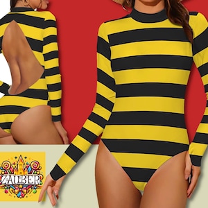 May include: A black and yellow striped long-sleeved bodysuit with a high neckline and a cutout back. The bodysuit is made of a stretchy fabric and has a close fit.