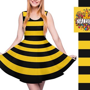 Cute Bumble Bee Skaterdress Yellow and Black Striped I Queen Honey Bees Funny Costume Stripes Dress / Funny Halloween Costume Outfit
