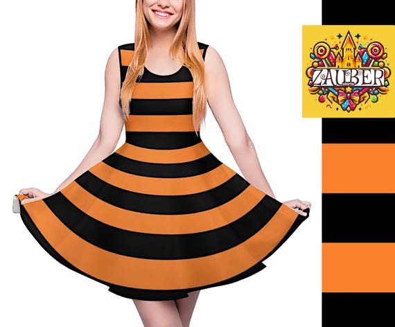 Cute Striped Skaterdress Orange and Black Striped / Funny Costume Stripes Dress / Fun Halloween Cosplay Costume Outfit