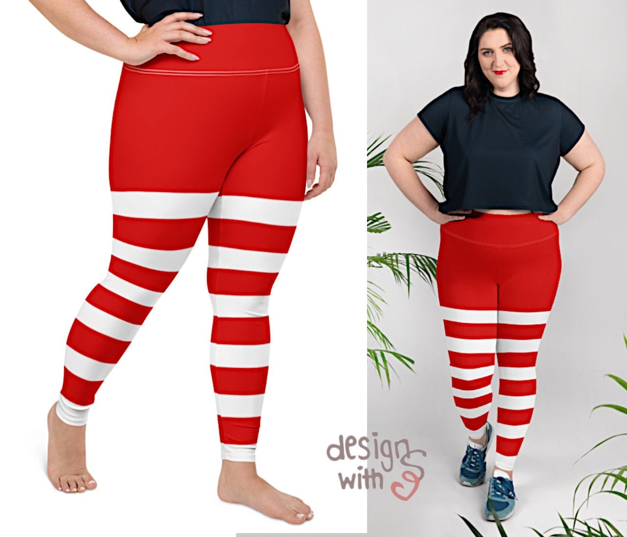 Red White Striped Leggings Plus Size Christmas Elf Santa Stripes Print  Pattern I Cute Printed Yoga Pants Funny X-mas Costume Size 2XL 6 XL 