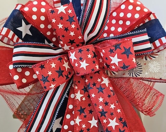 Patriotic Wreath Bow, Red White Blue Stars, Independence Day Decor