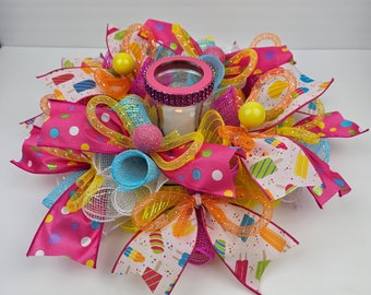 Summer centerpiece, Popsicle ribbon Centerpiece with led candle, ice cream ribbon, colorful centerpiece, summer decor, summertime decor