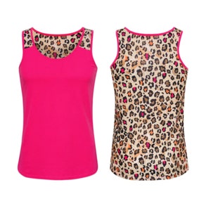 May include: A pink tank top with a leopard print design on the back. The tank top has a scoop neck and thin straps.