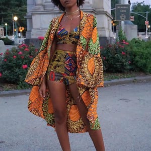 Giacca stampata africana per donna a strati aperta sul davanti Bella (taglie XS e M)