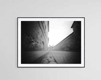 A monochrome image of a narrow alleyway in Vilnius old town, exuding a timeless charm, cobblestone street, gift for home decor