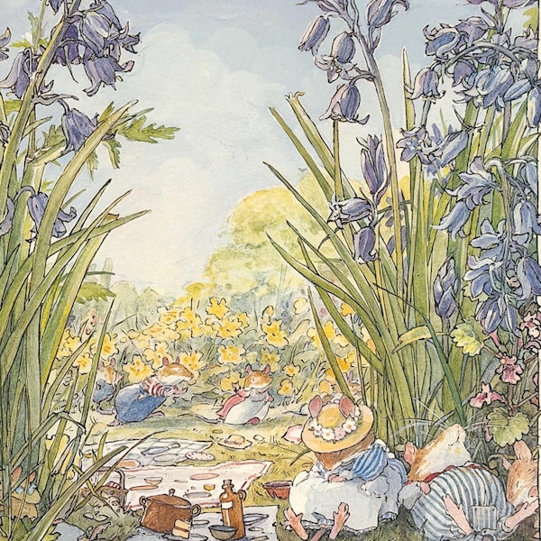 Dormitando bajo las campanillas azules / Impresión original vintage a color de 8"x10" de 1988 de Jill Barklem, Las cuatro estaciones de Brambly Hedge