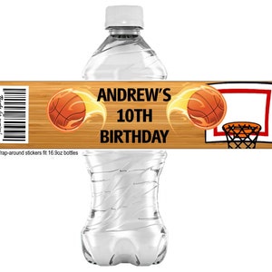 May include: A brown and orange basketball themed water bottle label with the text "ANDREW'S 10TH BIRTHDAY" and a basketball going through a hoop. The label is designed to fit a 16.9 ounce water bottle.